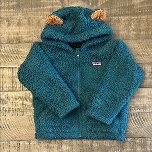 Patagonia Teal Fleece Jacket with Brown Bear Ears